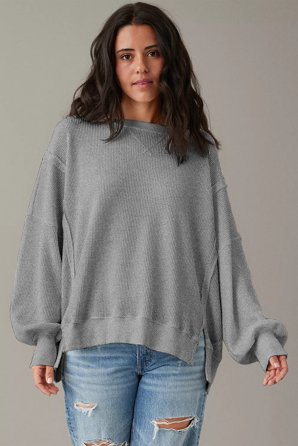 Gray Waffle-Knit Bishop-Sleeve Oversized Top
