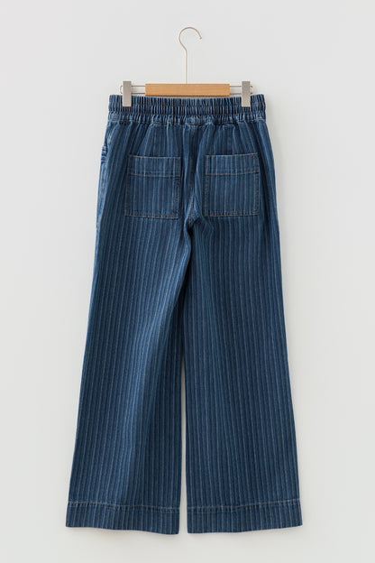 Blue Stripe Drawstring Wide-Leg Jeans