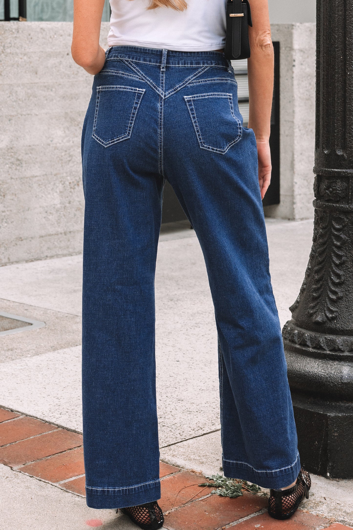 Sail Blue Stitched-Waist Wide-Leg Jeans