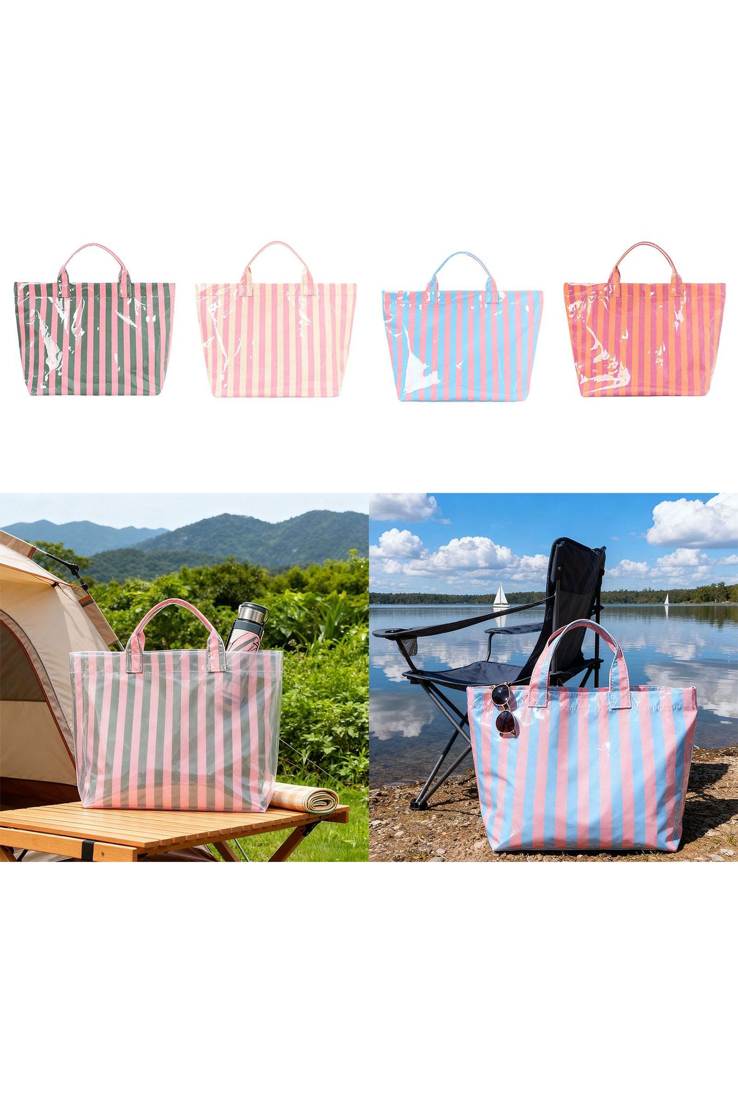 Red Glossy Striped Vinyl Large Tote Bag (Color Varied)