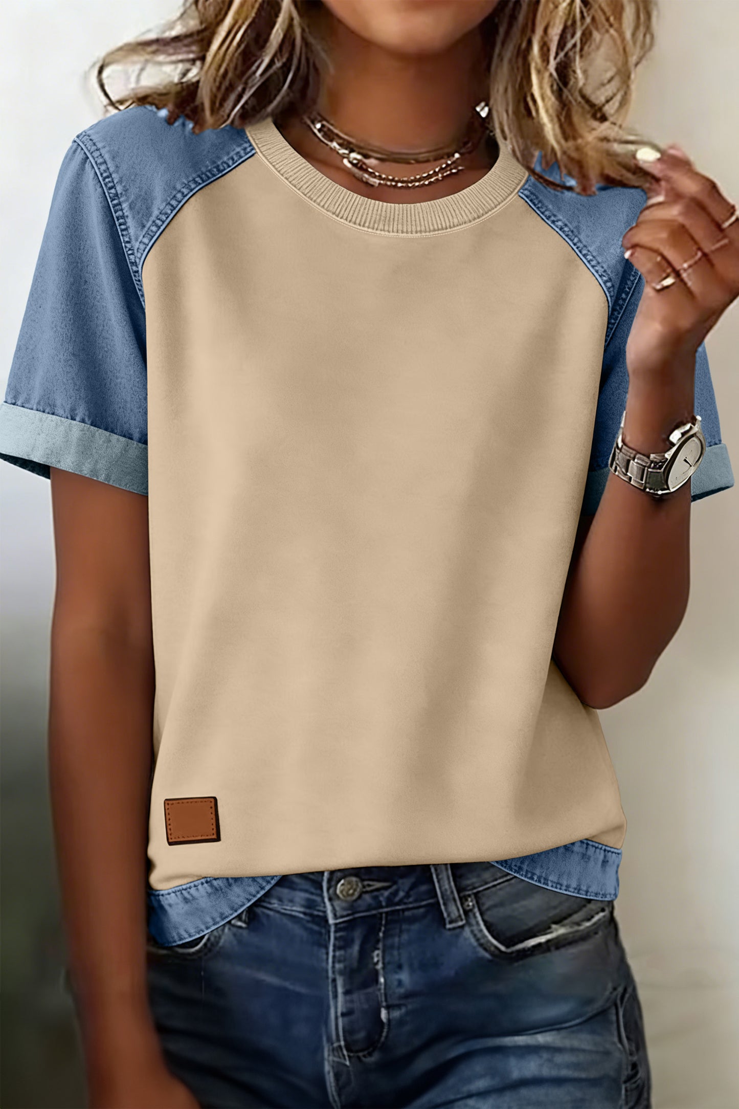 Parchment Denim Color Block Patchwork Round-Neck Tee