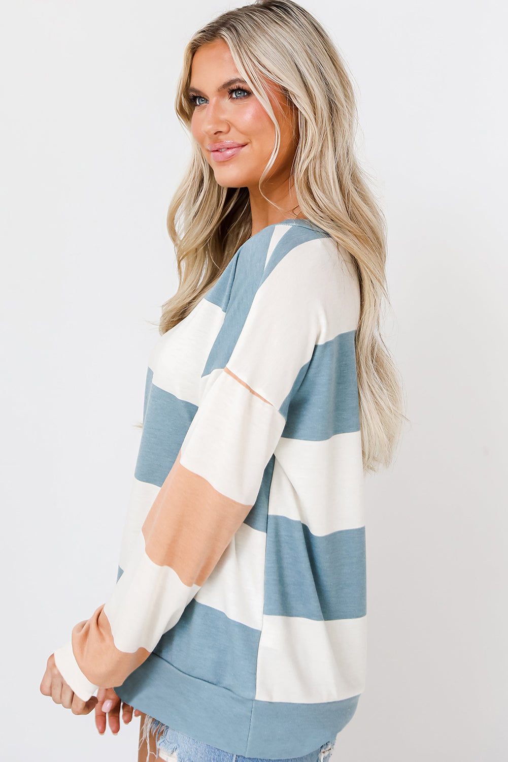 Light Blue Color-Block Striped Long-Sleeve Top