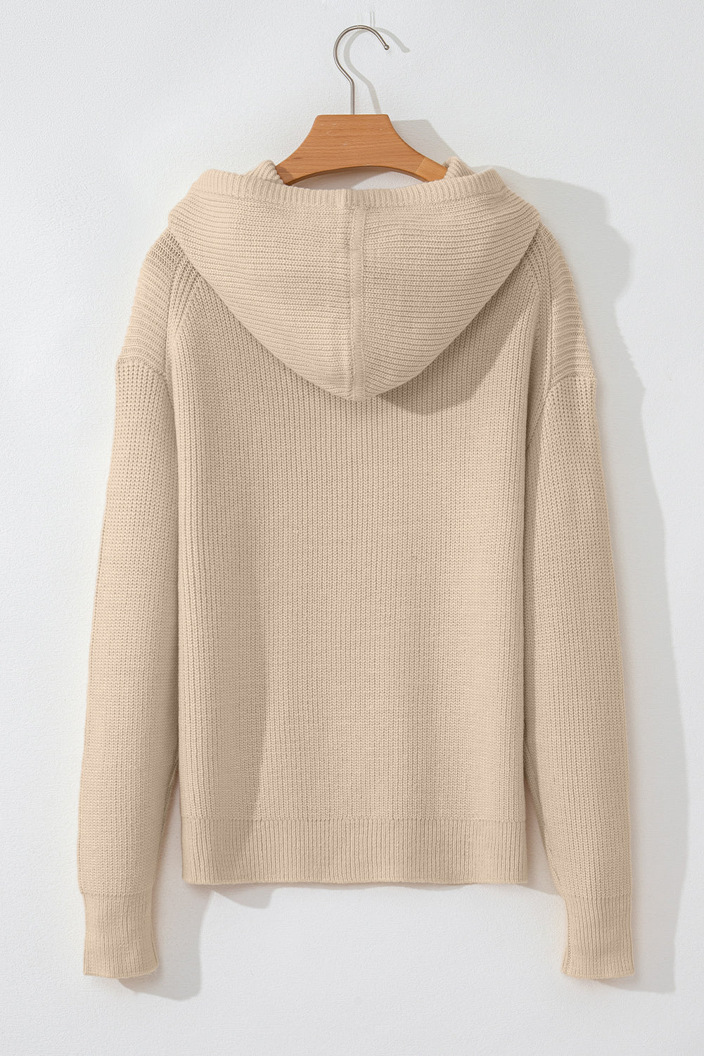 Beige Drawstring-Hood Knit Pullover Sweater