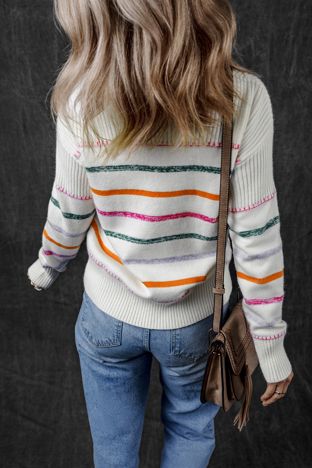 Black Multicolor Stripe Ribbed-Trim Sweater
