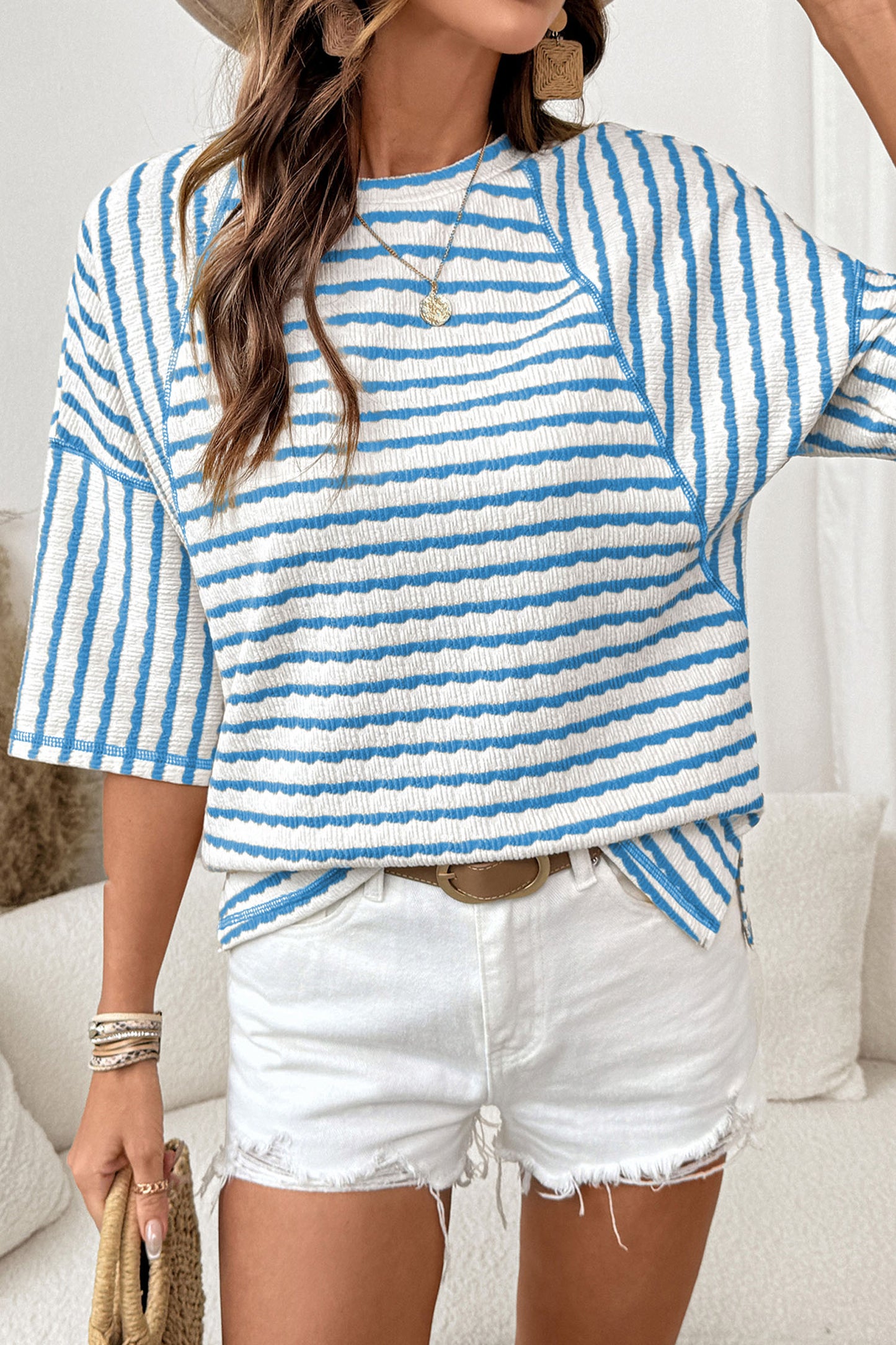 Pink Stripe Textured Knit Split Hem Half-Sleeve Loose Top