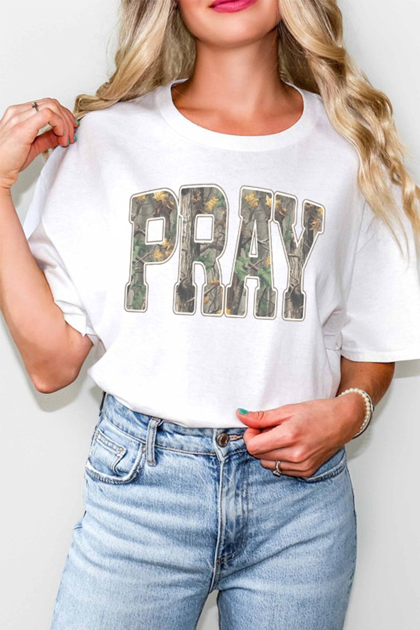 White PRAY Camo Letter Print Casual Round-Neck T-Shirt