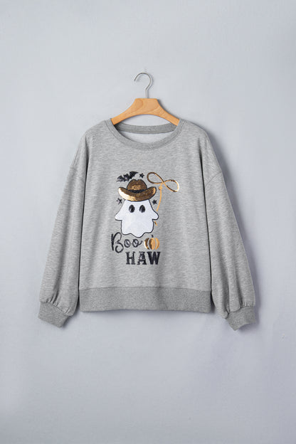 Gray Sequin Ghost Graphic Sweatshirt