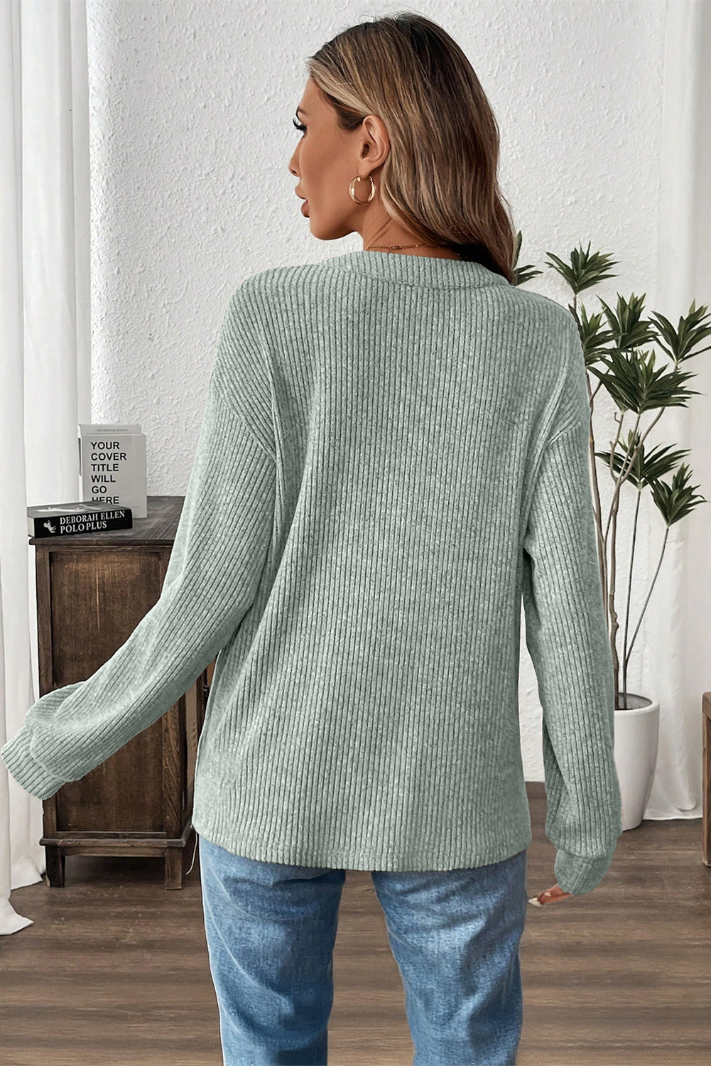 Clearly Aqua Ribbed Henley Knit Top