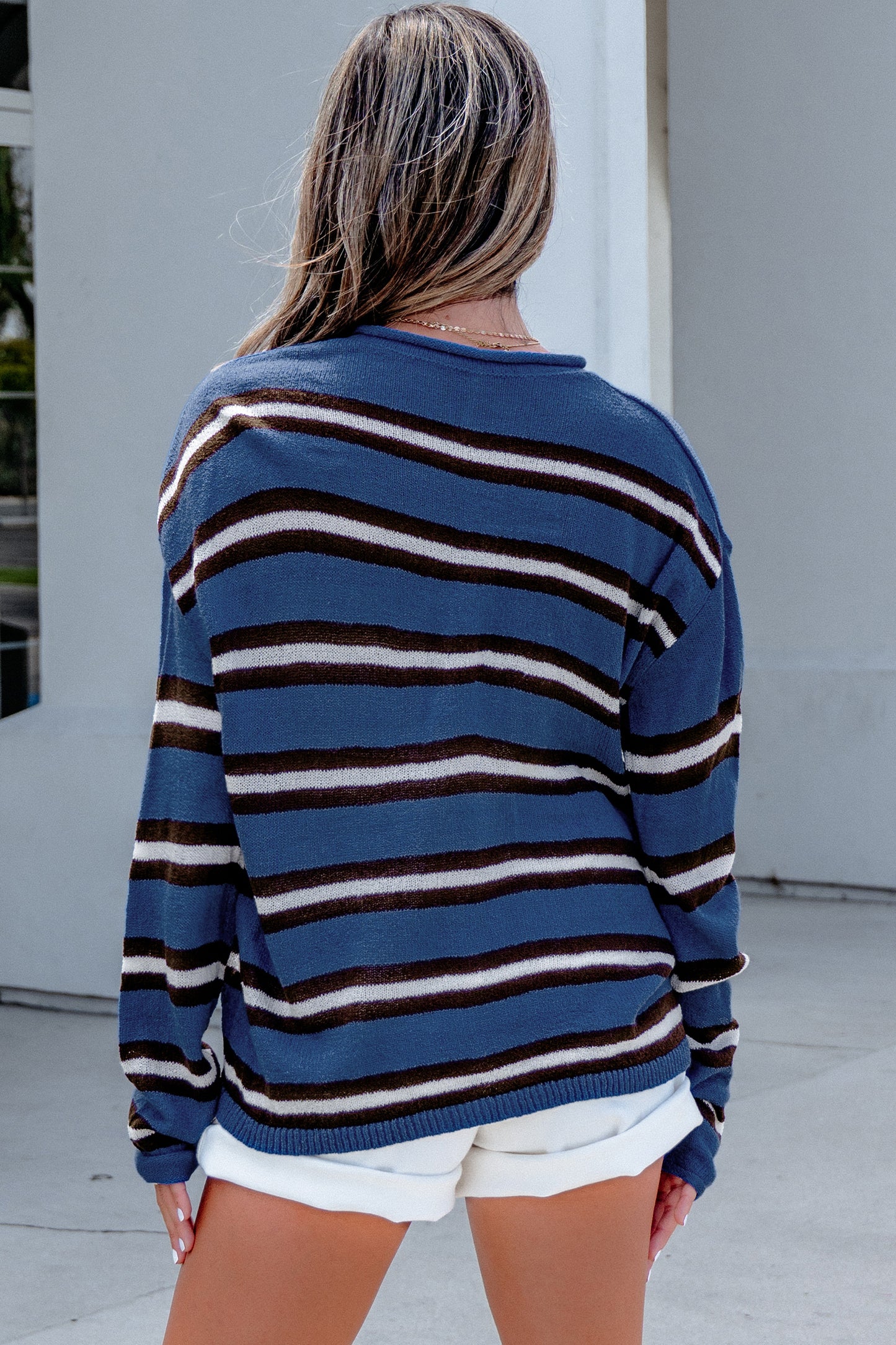 Blue Striped Drop-Shoulder Cardigan