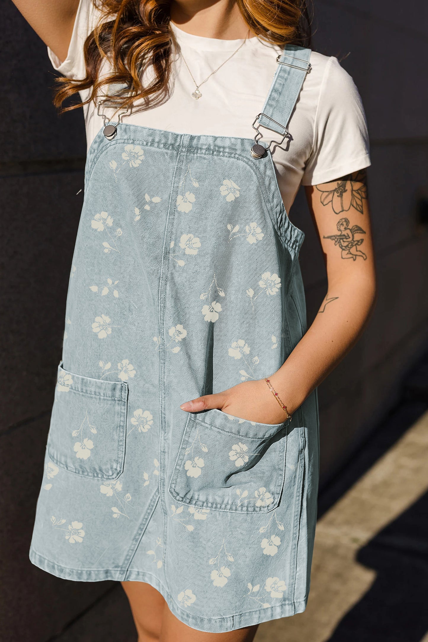 Sky Blue Floral Denim Overall Mini Dress