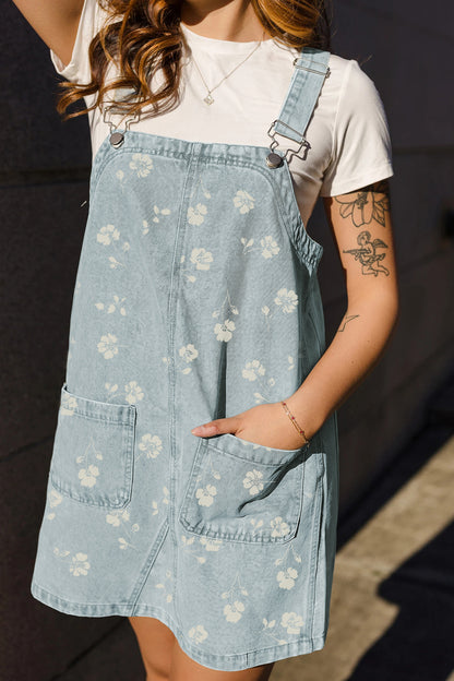 Sky Blue Floral Denim Overall Mini Dress