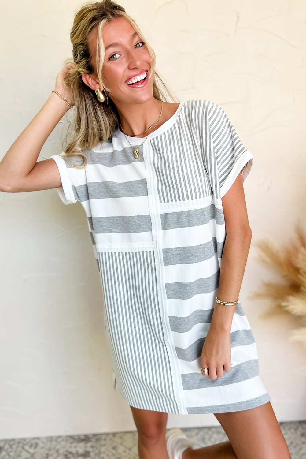 Gray Mixed-Stripe T-Shirt Shift Dress