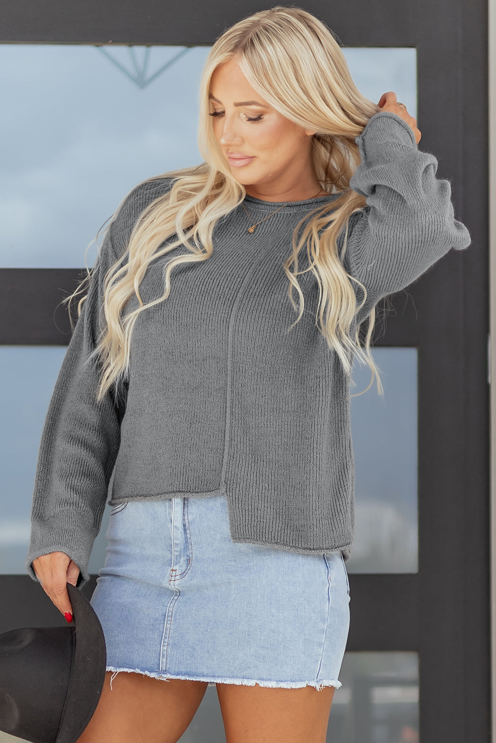 Medium Gray Raw-Edge Relaxed Sweater