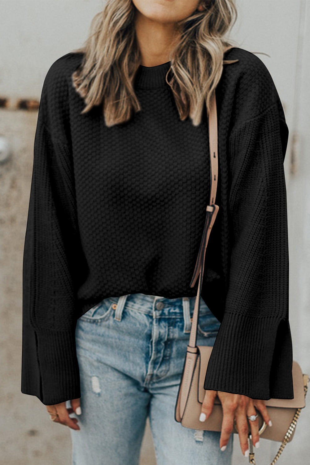 Parchment Split-Cuff Textured Knit Sweater
